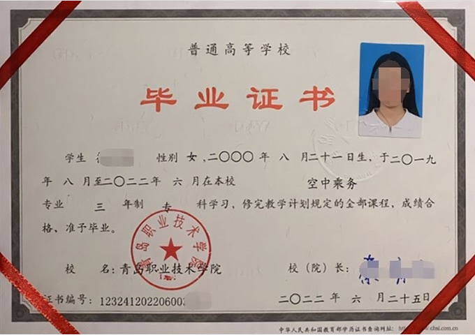 顺河青岛职业技术学院毕业证样本图片